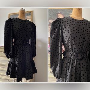 VTG Express black velvet flocked polka dot dress, gathered shoulders, S
